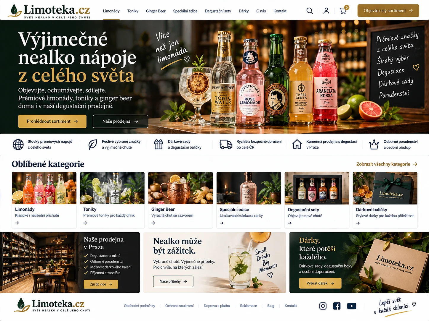 Ilustrační návrh webu Limoteka.cz v tmavě hnědé, bílé a měděné barvě s výběrovými nápoji